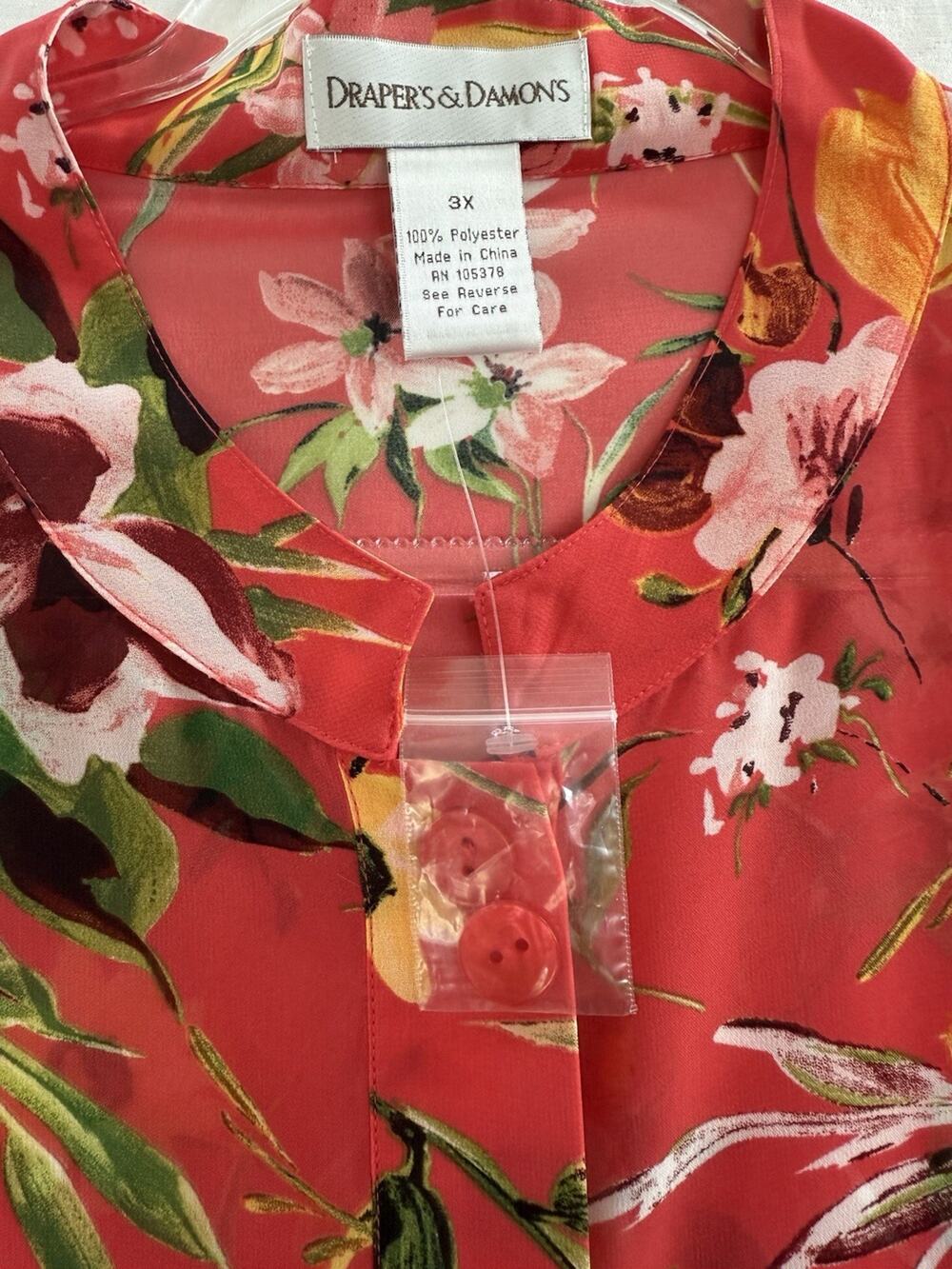 Drapers  Damons beautiful Floral Spring Blouse NEW 3/4 Sleeve Polyester 3X sheer
